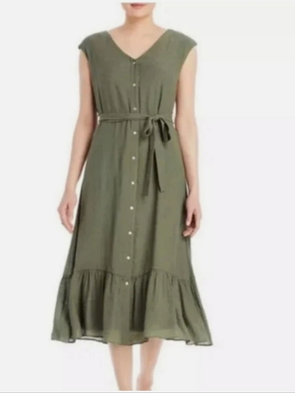Nanette Lepore Olive Button-Front Tie-Waist Midi Dress
